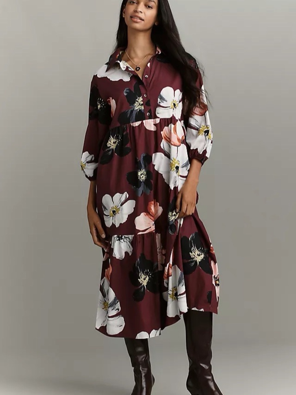 Anthropologie Bettina Tiered Midi Dress Size XL NWT Burgundy Floral
